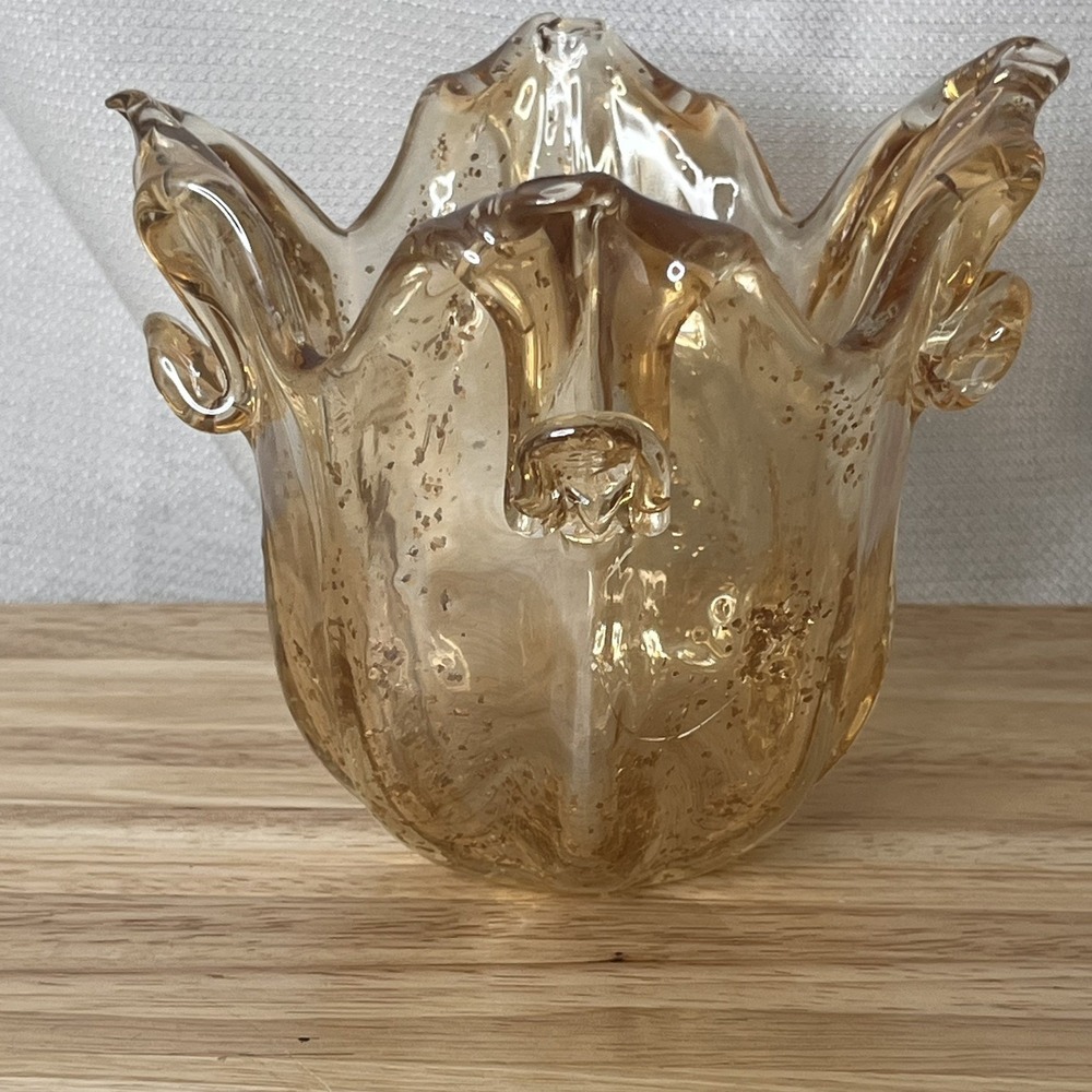 Murano Light Orange Art Glass Vase / Candle Holder - Hand blown- 7in